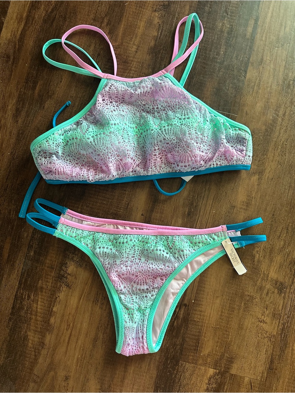 NWT Victoria’s Secret Pastel Mint & Pink Lace-Effect Two-Piece Bikini